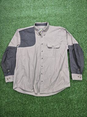 Cabelas Shooting Shirt Mens 2XL XXL Tall Beige Brown Shoulder Patch Pad Hunting